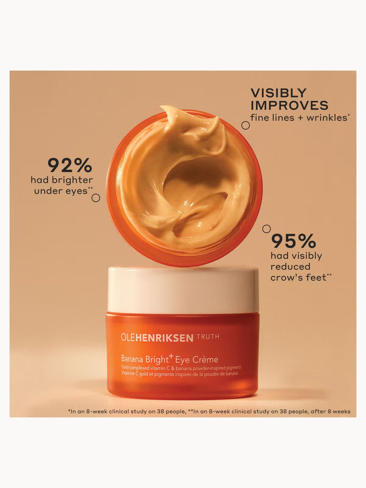 GLAM MODA OLE HENRIKSEN Banana Bright+ Eye Crème in an orange jar with a creamy, light-reflecting yellow formula.