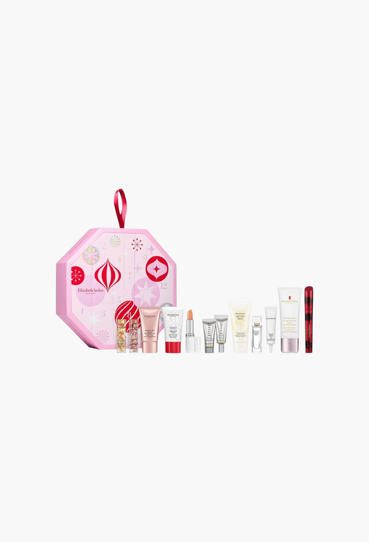 GLAM MODA Elizabeth Arden 2026 advent calendar featuring skincare, makeup, and fragrance minis in a pink festive box.