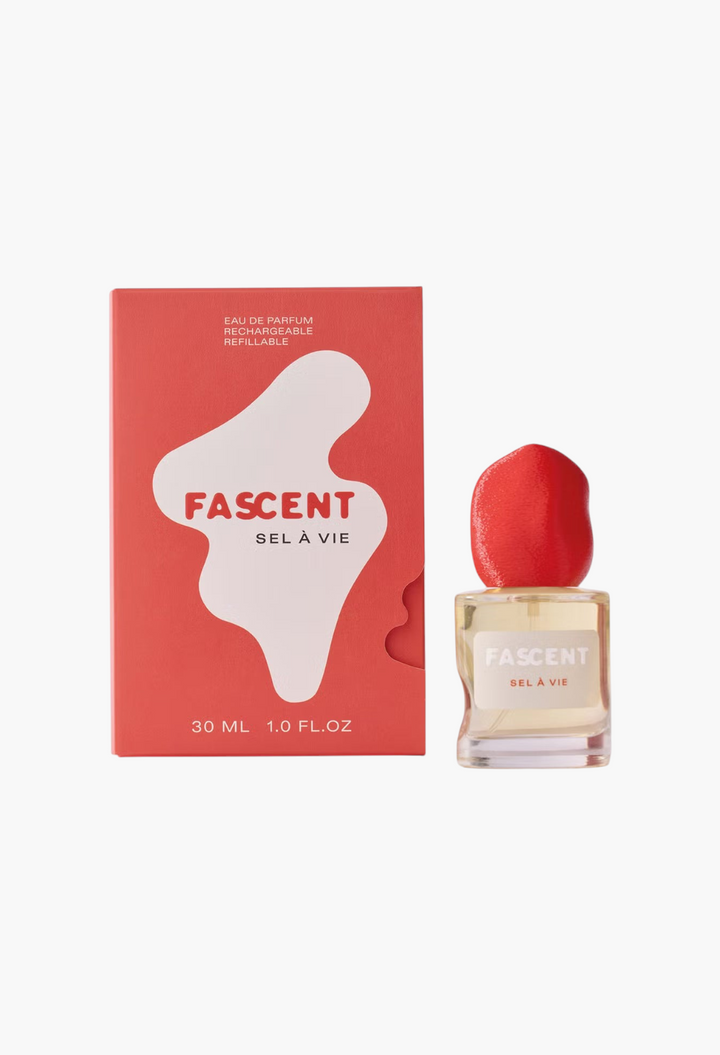 GLAM MODA Fascent Sel À Vie eau de parfum 30ml bottle with a red cap next to its matching coral-colored box.