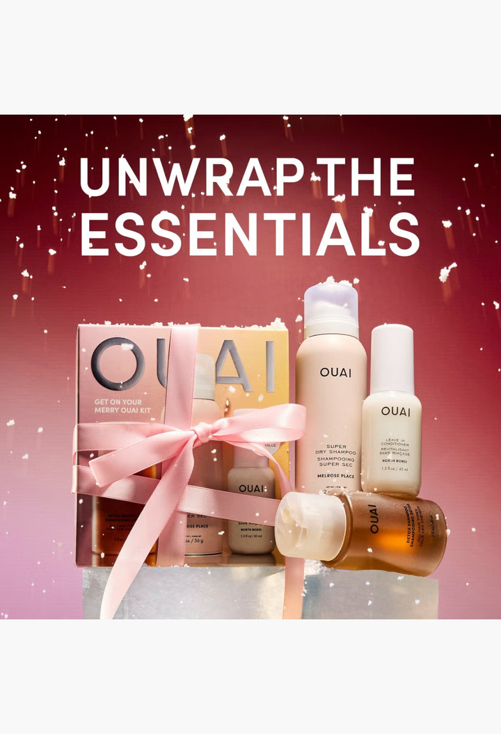 GLAM MODA OUAI Get On Your Merry Kit featuring travel-sized detox shampoo, dry shampoo, and leave-in conditioner.