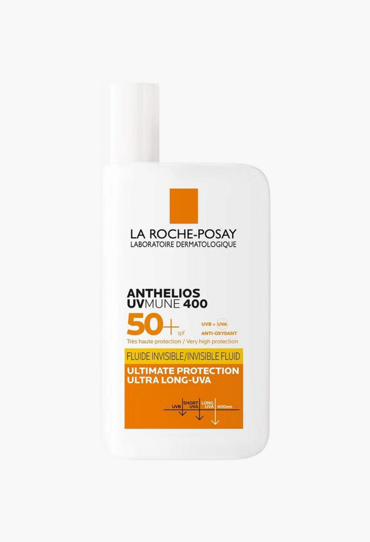 GLAM MODA La Roche-Posay Anthelios UVMune 400 Invisible Fluid SPF 50+ facial sun cream in a white bottle.