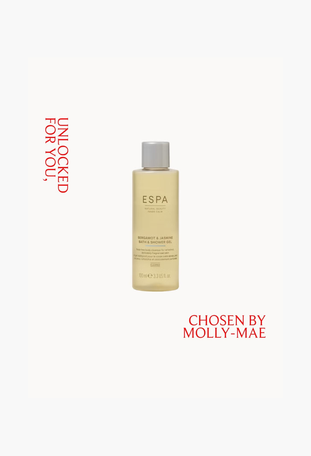 GLAM MODA ESPA Bergamot & Jasmine Bath and Shower Gel in a 100ml bottle for refreshing, delicately fragranced skin.