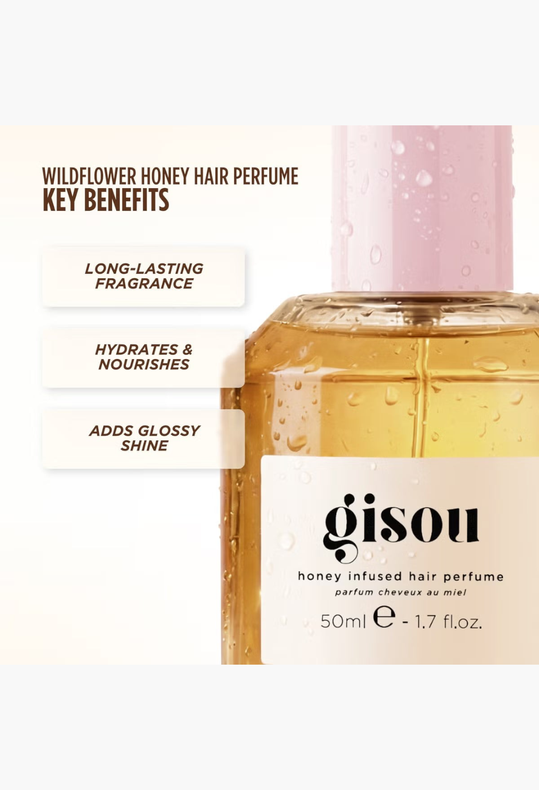 GLAM MODA Gisou Honey Infused Hair Perfume bottle with key benefits text overlay highlighting fragrance and shine.