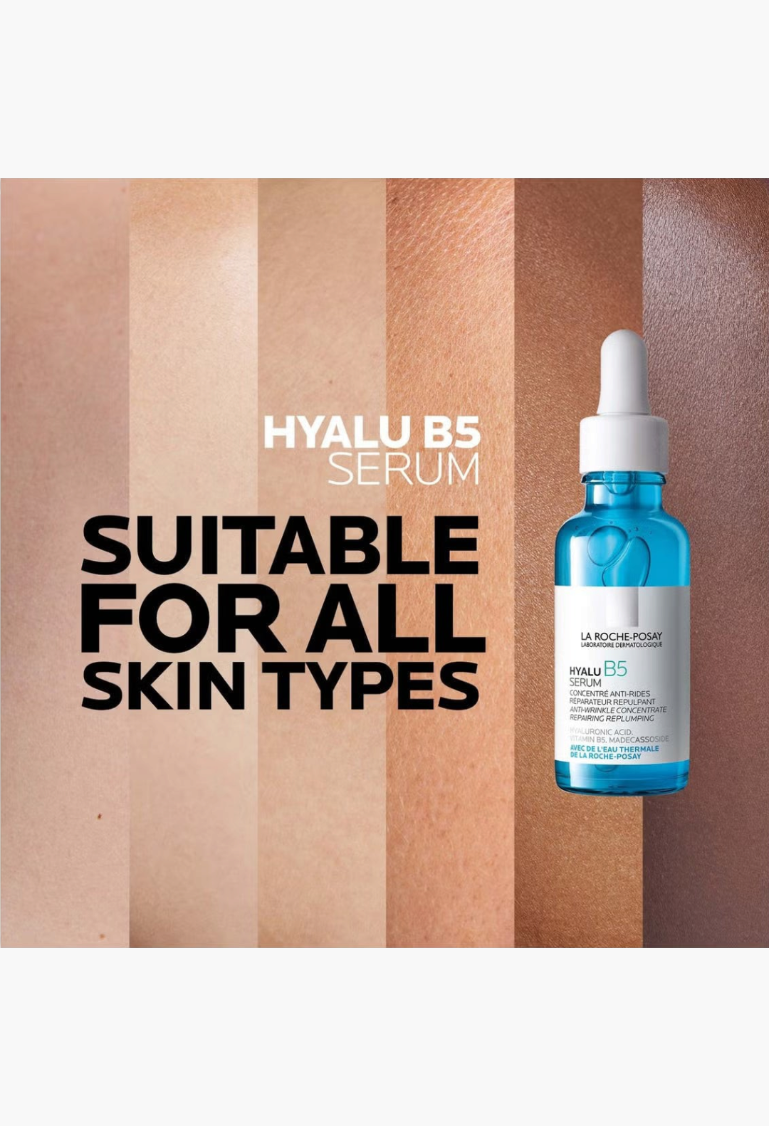 GLAM MODA La Roche-Posay Hyalu B5 serum in a blue glass bottle with a white dropper cap for skin hydration.