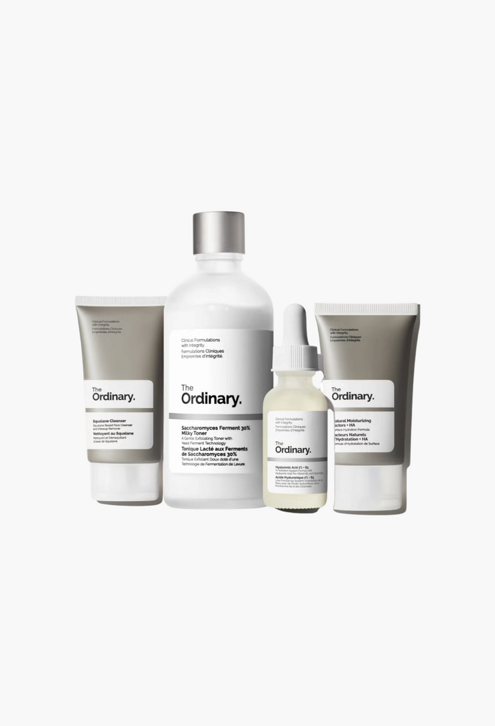 GLAM MODA The Ordinary Glass Skin Bundle featuring a cleanser, milky toner, hyaluronic acid serum, and moisturising cream.