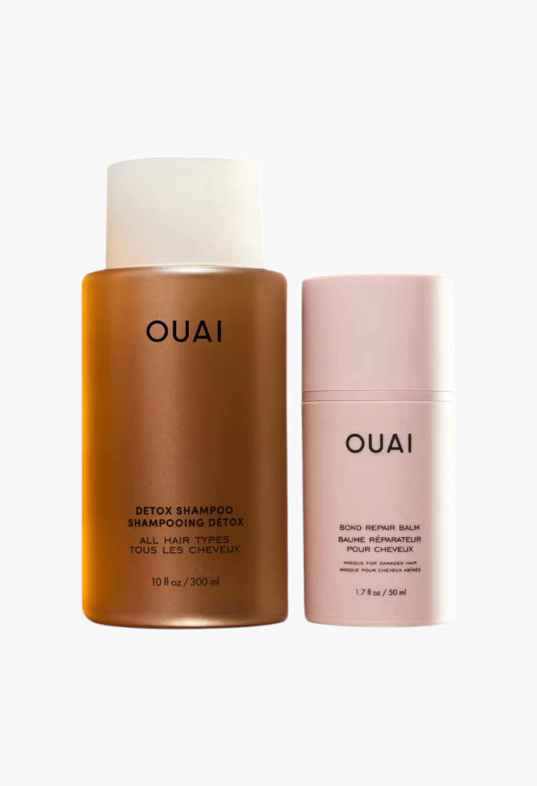 GLAM MODA OUAI Healthy Hair for the Holidays kit featuring a brown Detox Shampoo bottle and a pink Bond Repair Balm