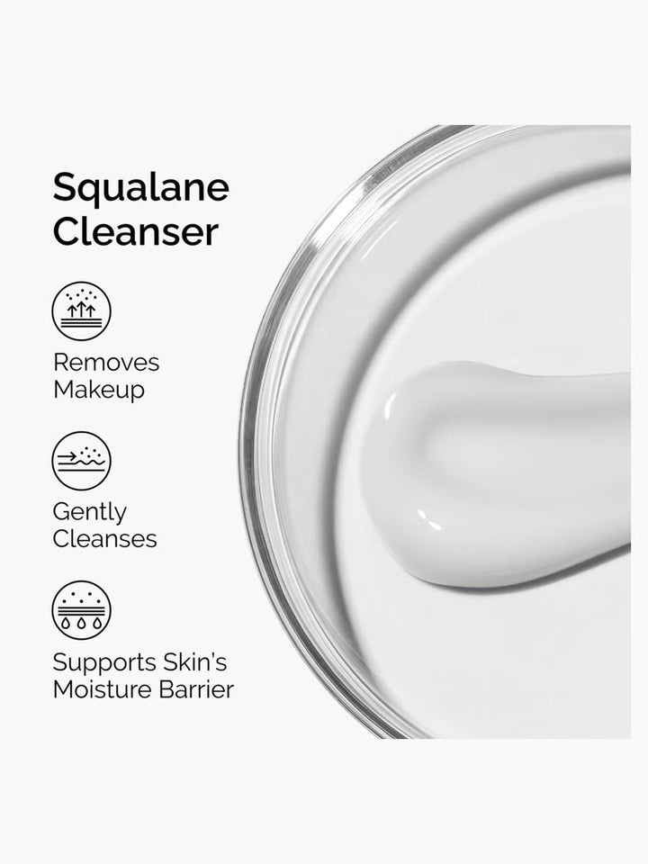 GLAM MODA The Ordinary Squalane Cleanser showing creamy white texture and benefits for makeup removal and hydration.
