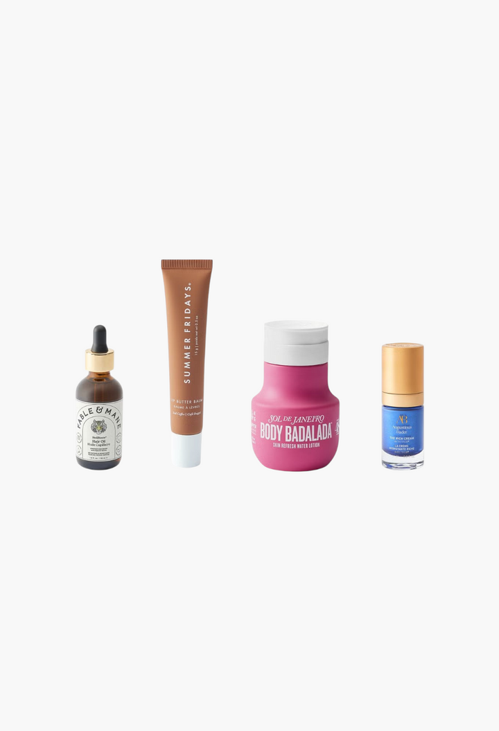 GLAM MODA beauty advent calendar selection featuring Fable & Mane hair oil, Summer Fridays balm, Sol de Janeiro lotion