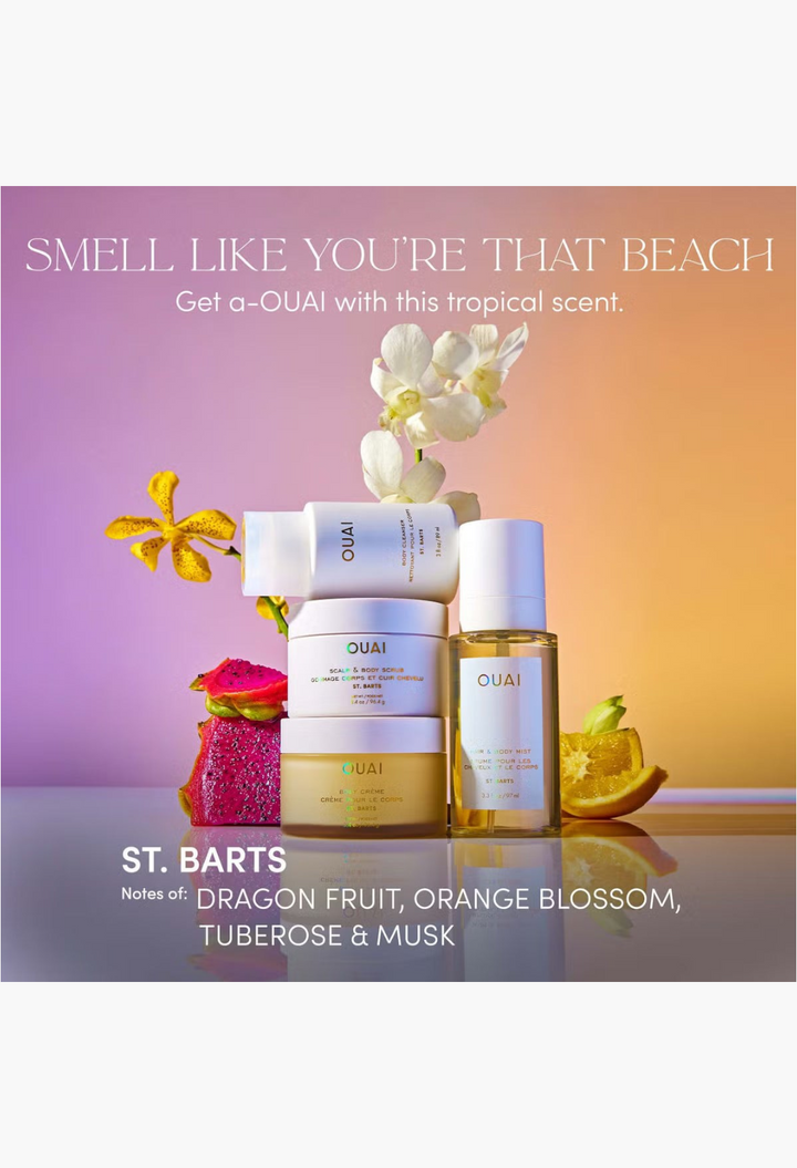GLAM MODA collection of OUAI St. Barts body care products featuring cleanser, scrub, cream, and mist with tropical fruit