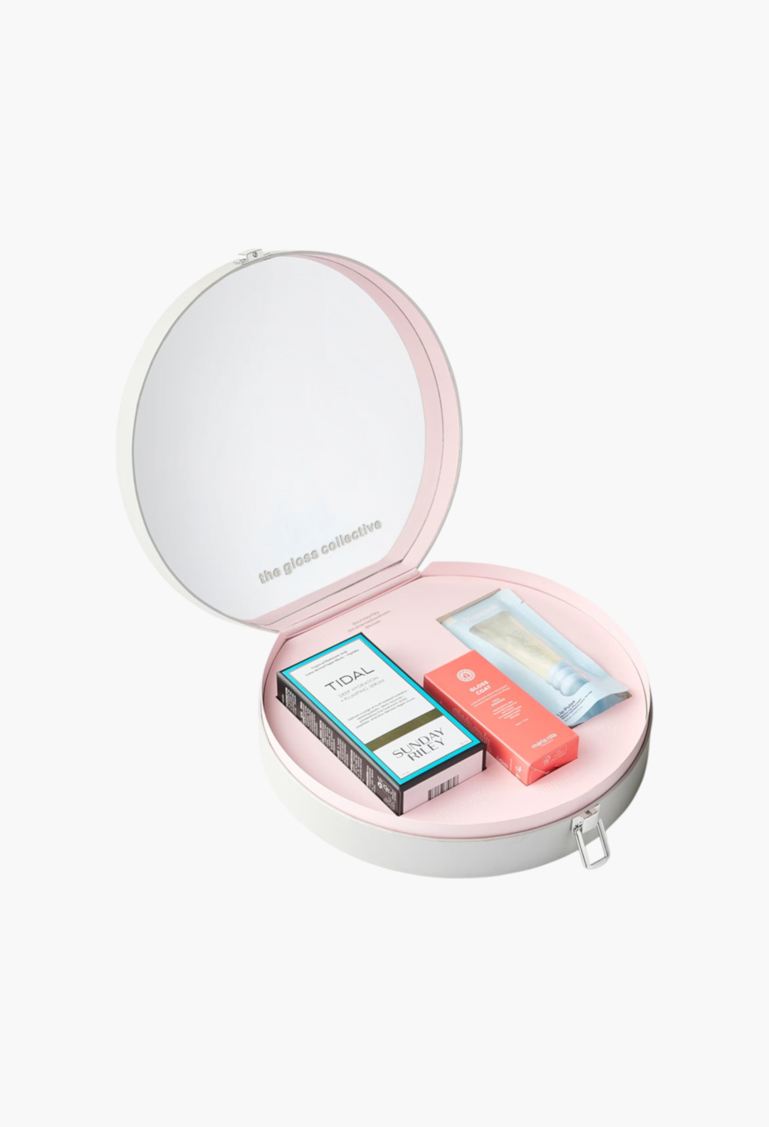 GLAM MODA The Gloss Collective gift set featuring Maria Nila Gloss Coat, Sunday Riley Tidal Serum, and Kosas Lip Pulse.