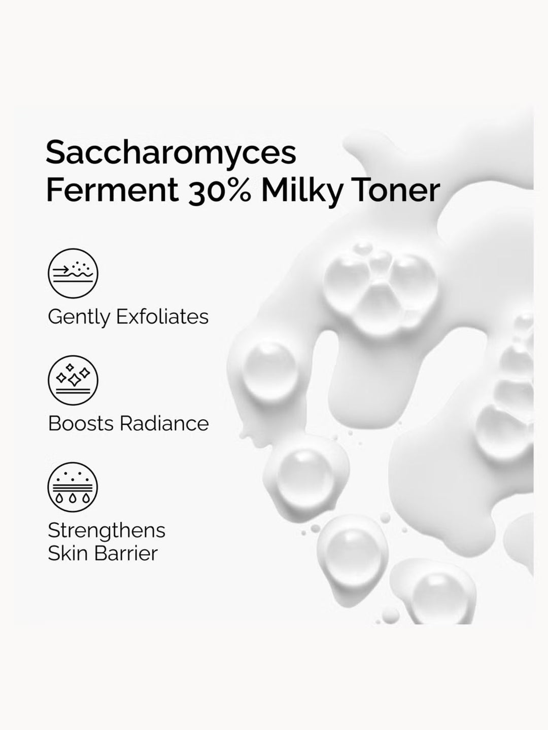 GLAM MODA The Ordinary Saccharomyces Ferment 30% Milky Toner showing milky texture and skincare benefits icons