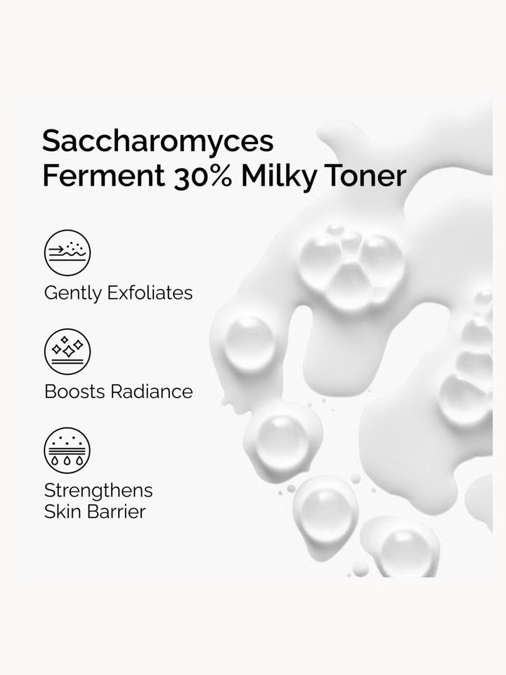 GLAM MODA The Ordinary Saccharomyces Ferment 30% Milky Toner showing milky texture and skincare benefits icons