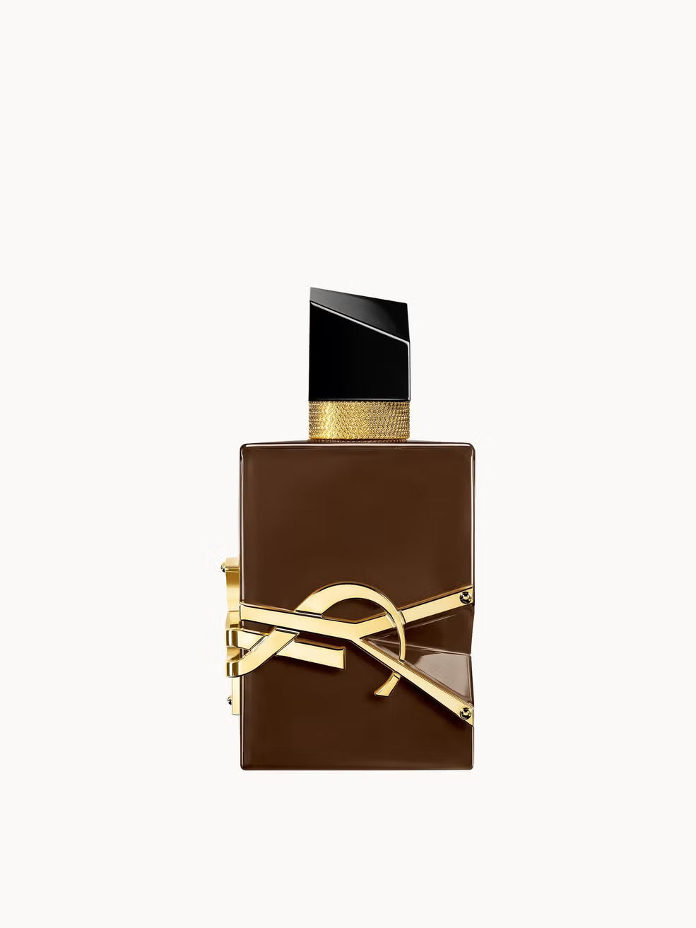 GLAM MODA YSL Libre Santal Couture perfume bottle in chocolate brown glass with iconic gold YSL logo hardware