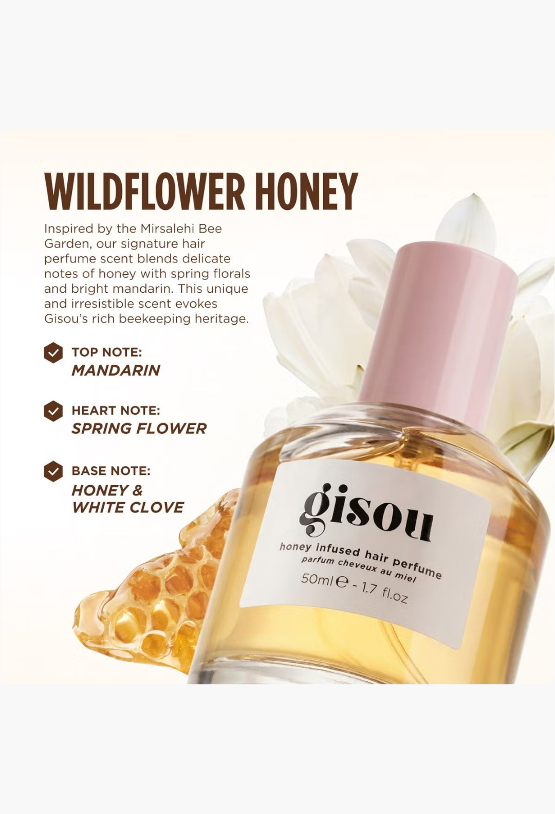GLAM MODA Gisou Honey Infused Hair Perfume in Wildflower Honey with floral and honey notes in a glass bottle