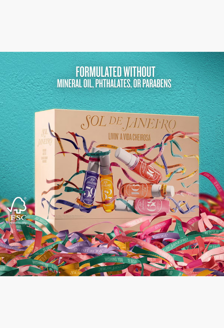 GLAM MODA Sol de Janeiro Livin'A Vida Cheirosa fragrance set featuring five travel-sized perfume mists in a gift box.