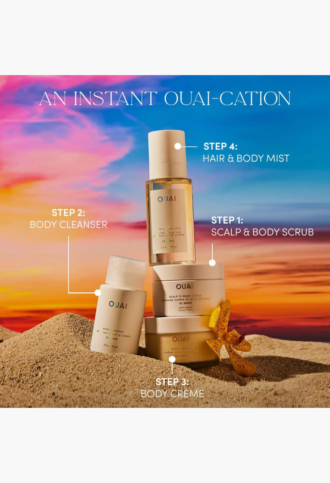 GLAM MODA collection of OUAI St. Barts body care products including cleanser, scrub, creme, and mist on sandy beach