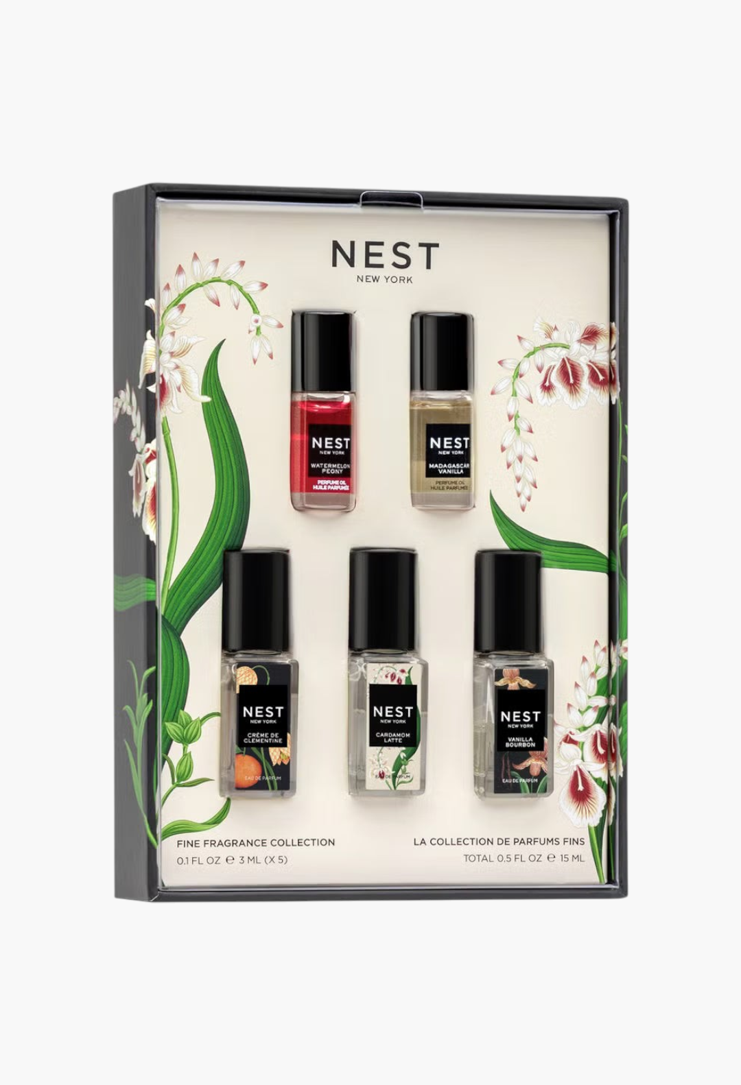 GLAM MODA Nest New York Discovery Set featuring five miniature eau de parfum and perfume oil bottles in floral box.
