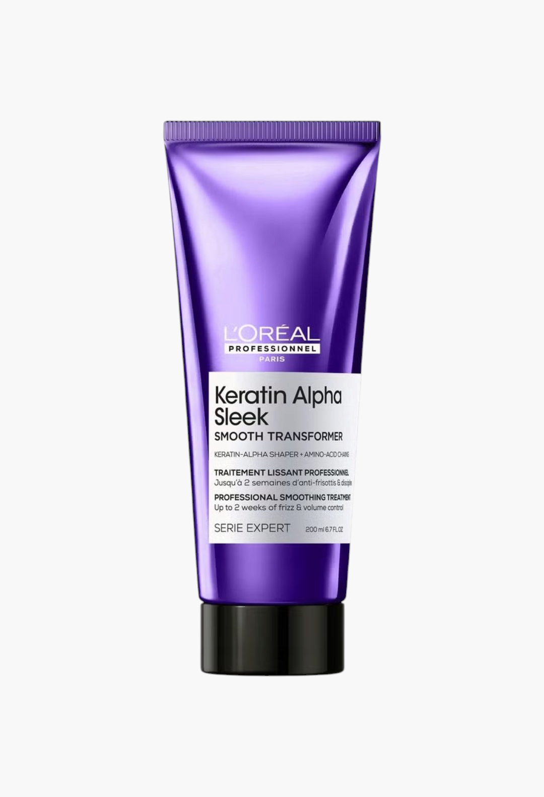 GLAM MODA L'Oréal Professionnel Keratin Alpha Sleek Smooth Transformer hair treatment in a purple squeeze tube.
