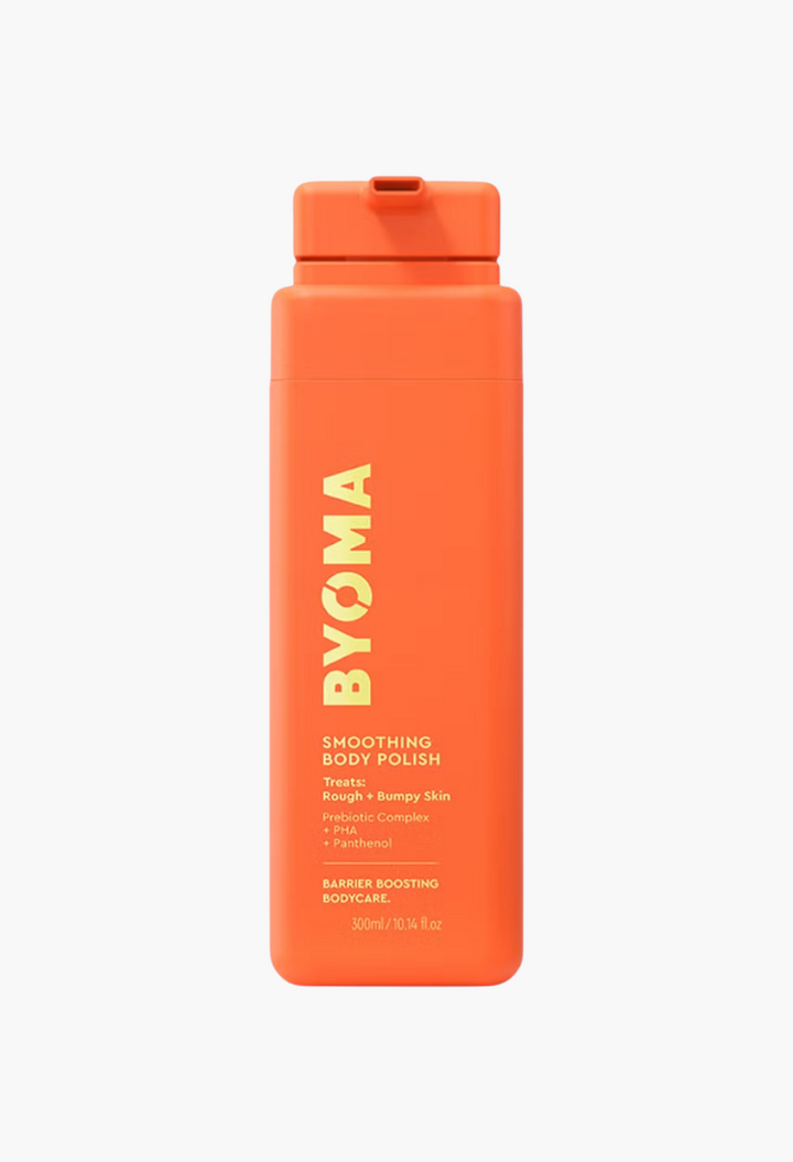 GLAM MODA BYOMA Smoothing Body Polish in a bright orange 300ml bottle for exfoliating and renewing skin texture.