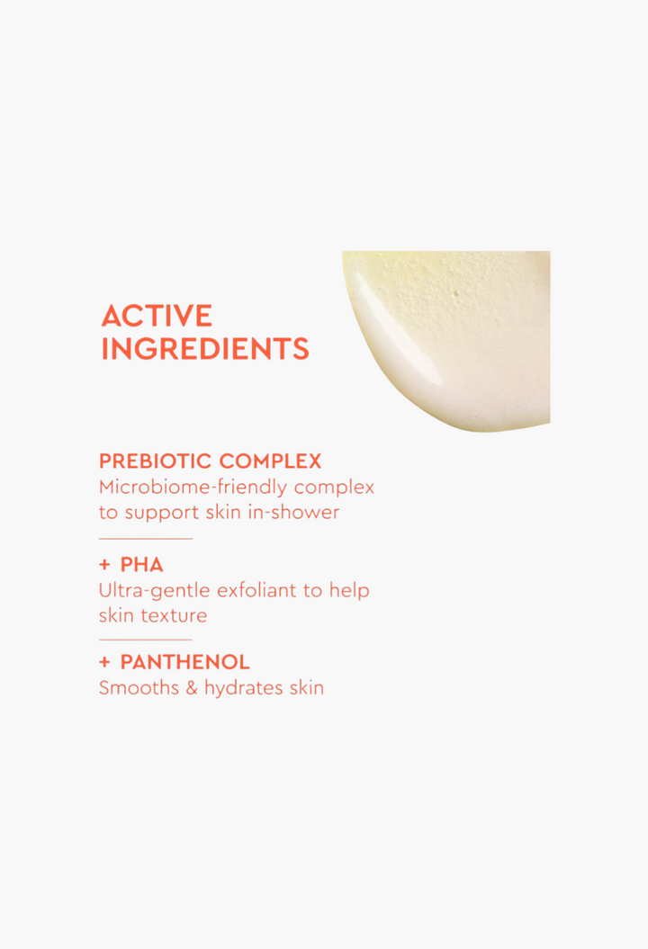 GLAM MODA BYOMA Smoothing Body Polish ingredient list featuring prebiotic complex, PHA, and panthenol on yellow background