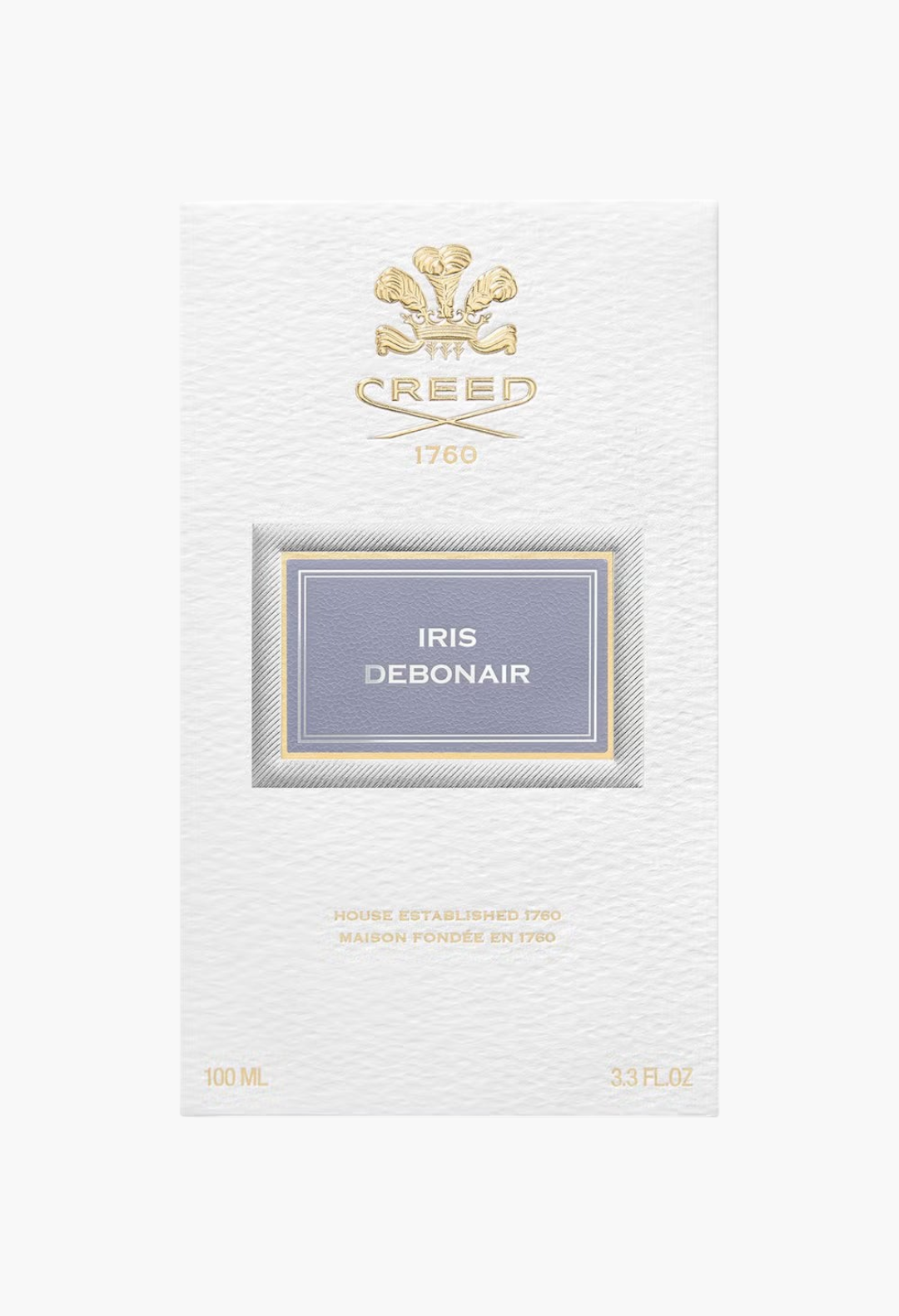 GLAM MODA Creed Iris Debonair Eau De Parfum 100ml fragrance box with gold logo and pale blue label