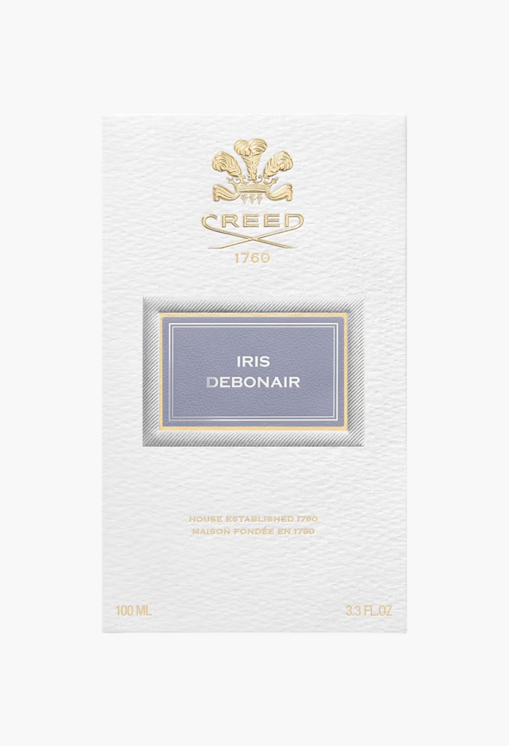 GLAM MODA Creed Iris Debonair Eau De Parfum 100ml fragrance box with gold logo and pale blue label
