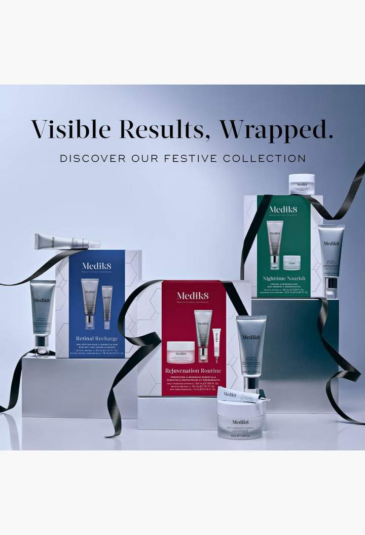GLAM MODA Medik8 Age-Defying Essentials skincare gift set featuring three boxed routines with creams and serums.