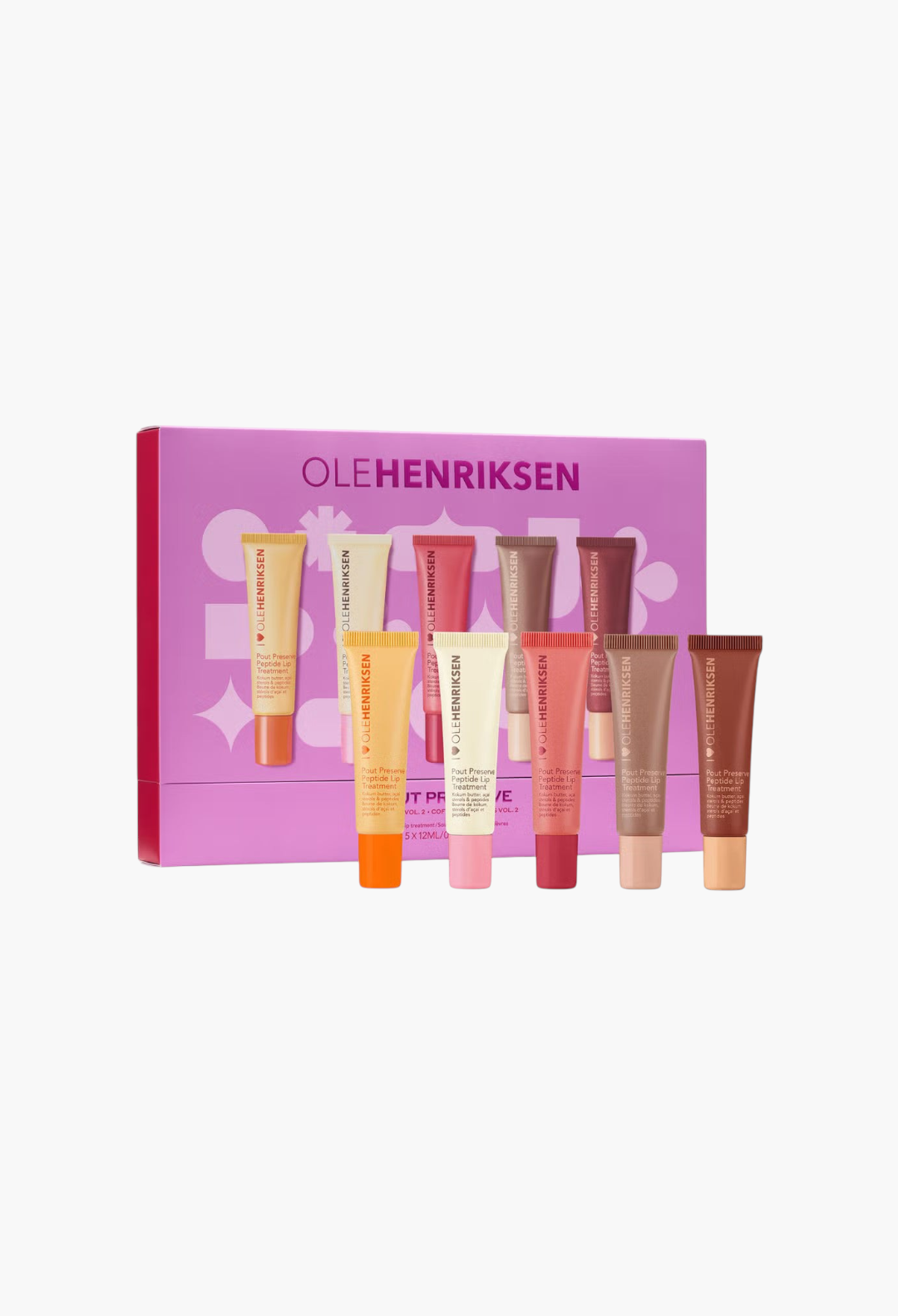 GLAM MODA Ole Henriksen Pout Preserve Lip Vault 2.0 featuring five colourful peptide lip treatment tubes in a box.