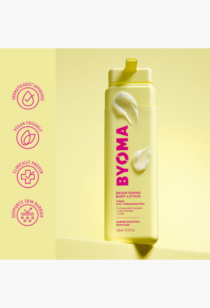 GLAM MODA BYOMA Brightening Body Lotion in a yellow bottle with pink text and cream dollops on a yellow background.