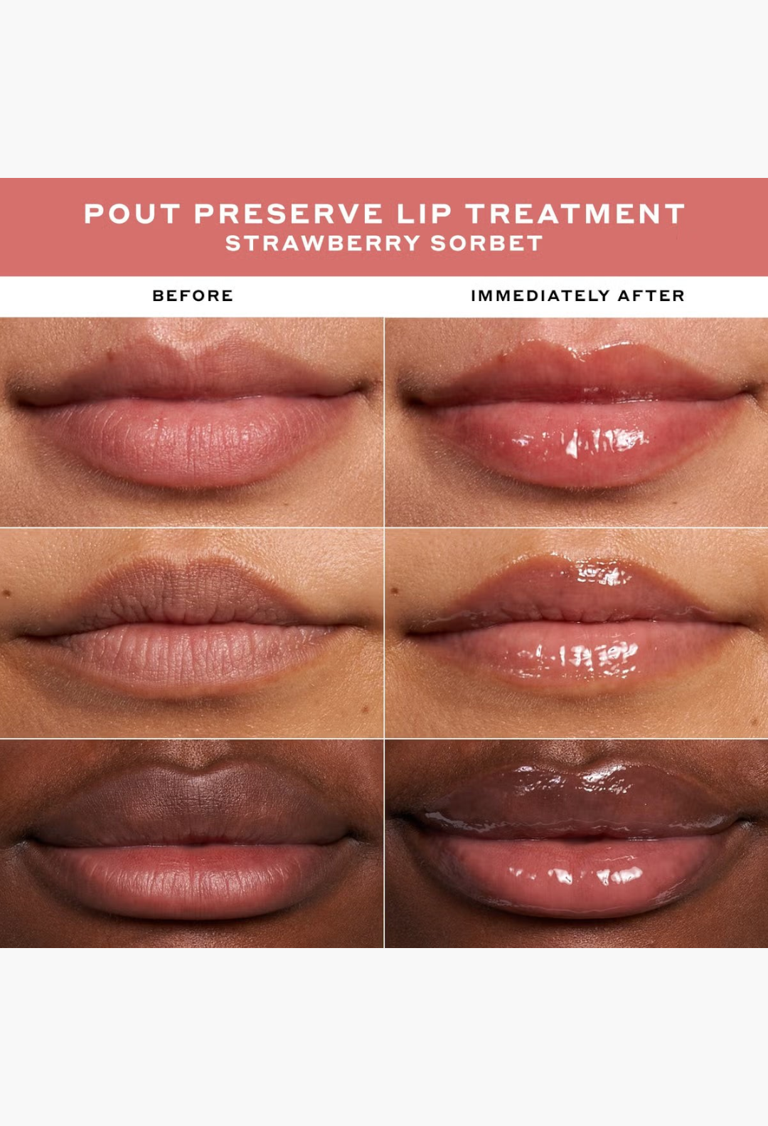 GLAM MODA Ole Henriksen Pout Preserve Lip Vault 2.0 showing various shades of glossy, hydrated, and plumped lips.