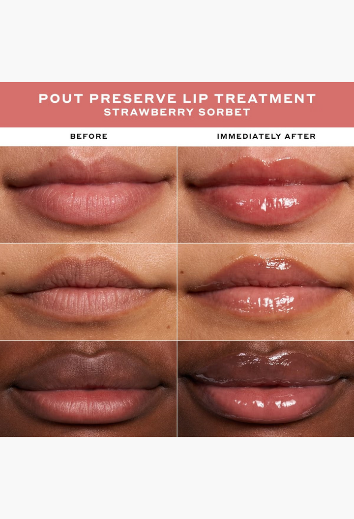 GLAM MODA Ole Henriksen Pout Preserve Lip Vault 2.0 showing various shades of glossy, hydrated, and plumped lips.