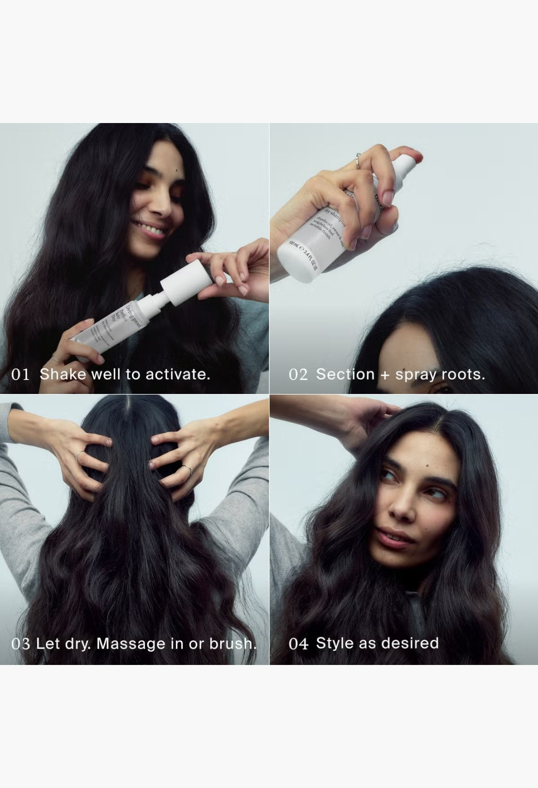 GLAM MODA Living Proof Perfect Hair Day Sheer Clean Dry Shampoo Mist application steps on a woman with dark wavy hair