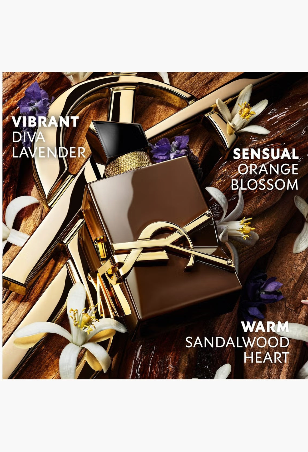 GLAM MODA YSL Libre Santal Couture perfume bottle in chocolate brown with gold logo and orange flower accent