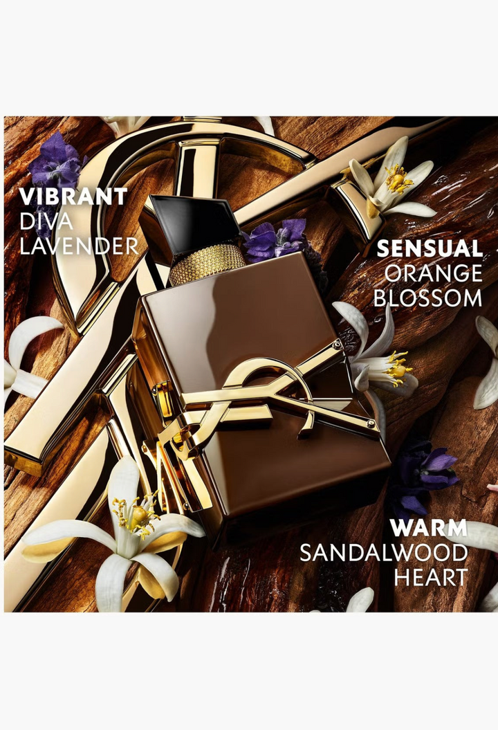 GLAM MODA YSL Libre Santal Couture perfume bottle in chocolate brown with gold logo and orange flower accent