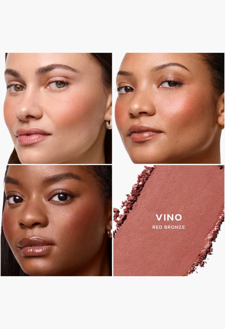 GLAM MODA Saie SuperSuede Radiant Blush in Vino, a red bronze powder shown on three diverse skin tones.