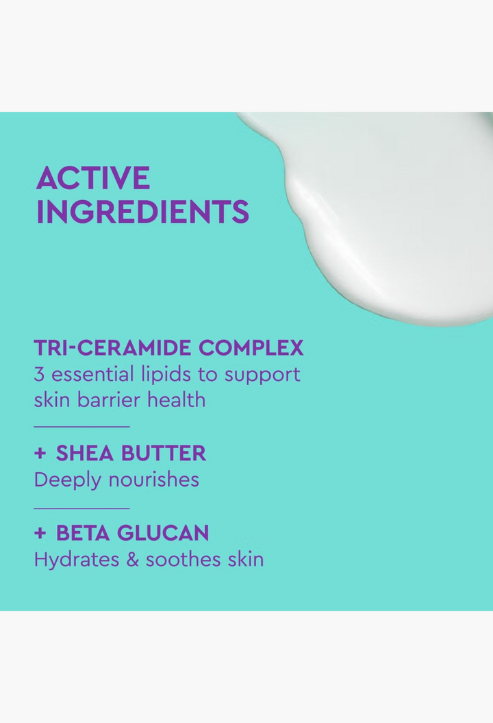 GLAM MODA BYOMA Hydrating Body Lotion ingredient infographic showing Tri-Ceramide Complex, shea butter, and beta glucan