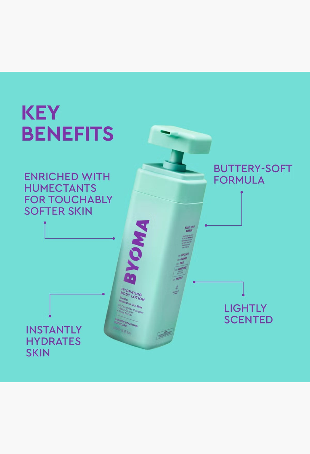 GLAM MODA BYOMA Hydrating Body Lotion in a light green pump bottle with purple text for dry skin barrier repair.
