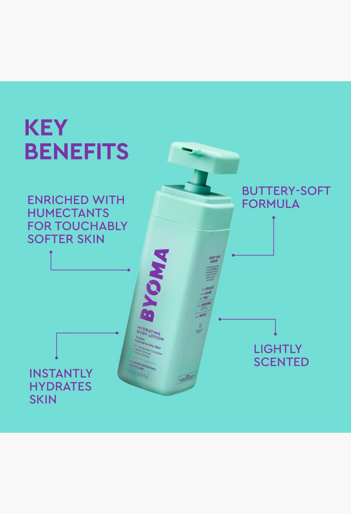 GLAM MODA BYOMA Hydrating Body Lotion in a light green pump bottle with purple text for dry skin barrier repair.