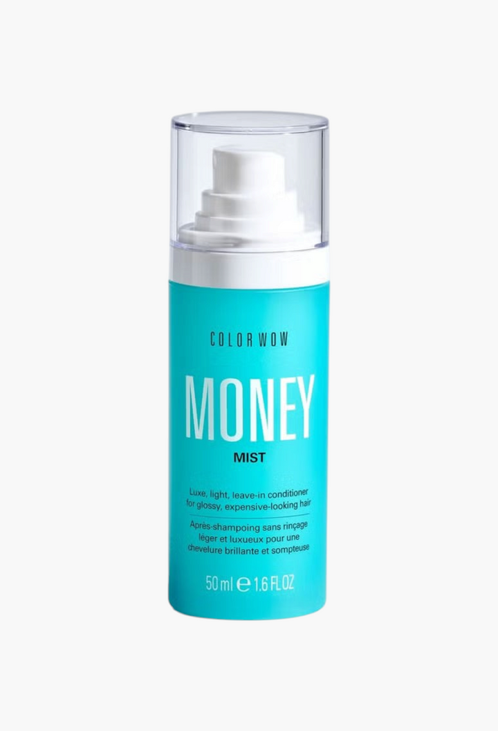GLAM MODA Color Wow Money Mist travel size leave-in conditioning spray in a bright teal bottle with clear cap