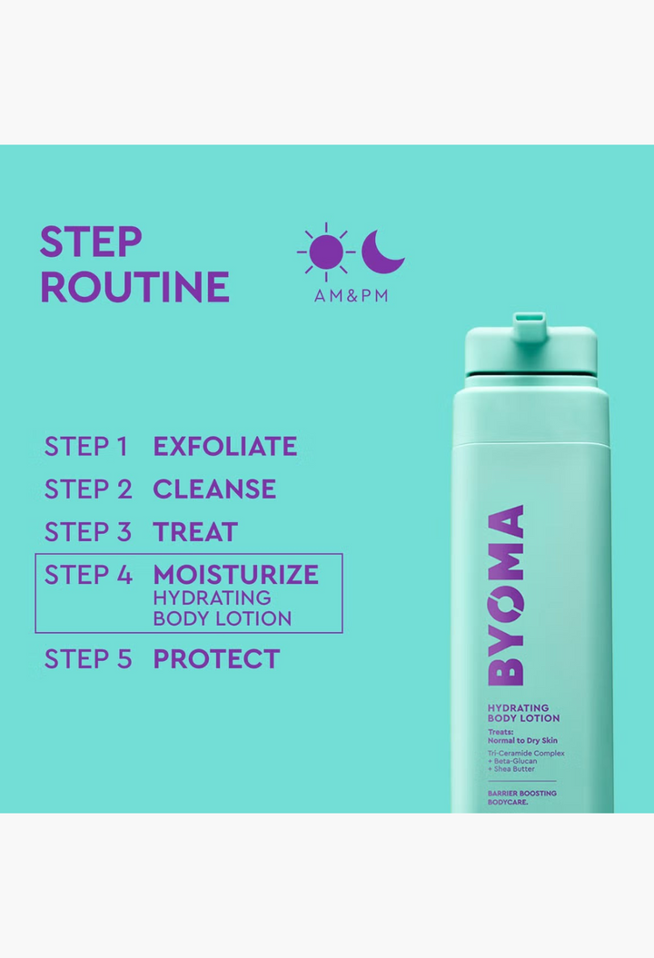 GLAM MODA BYOMA Hydrating Body Lotion in a light blue pump bottle with purple text for barrier-boosting skincare.