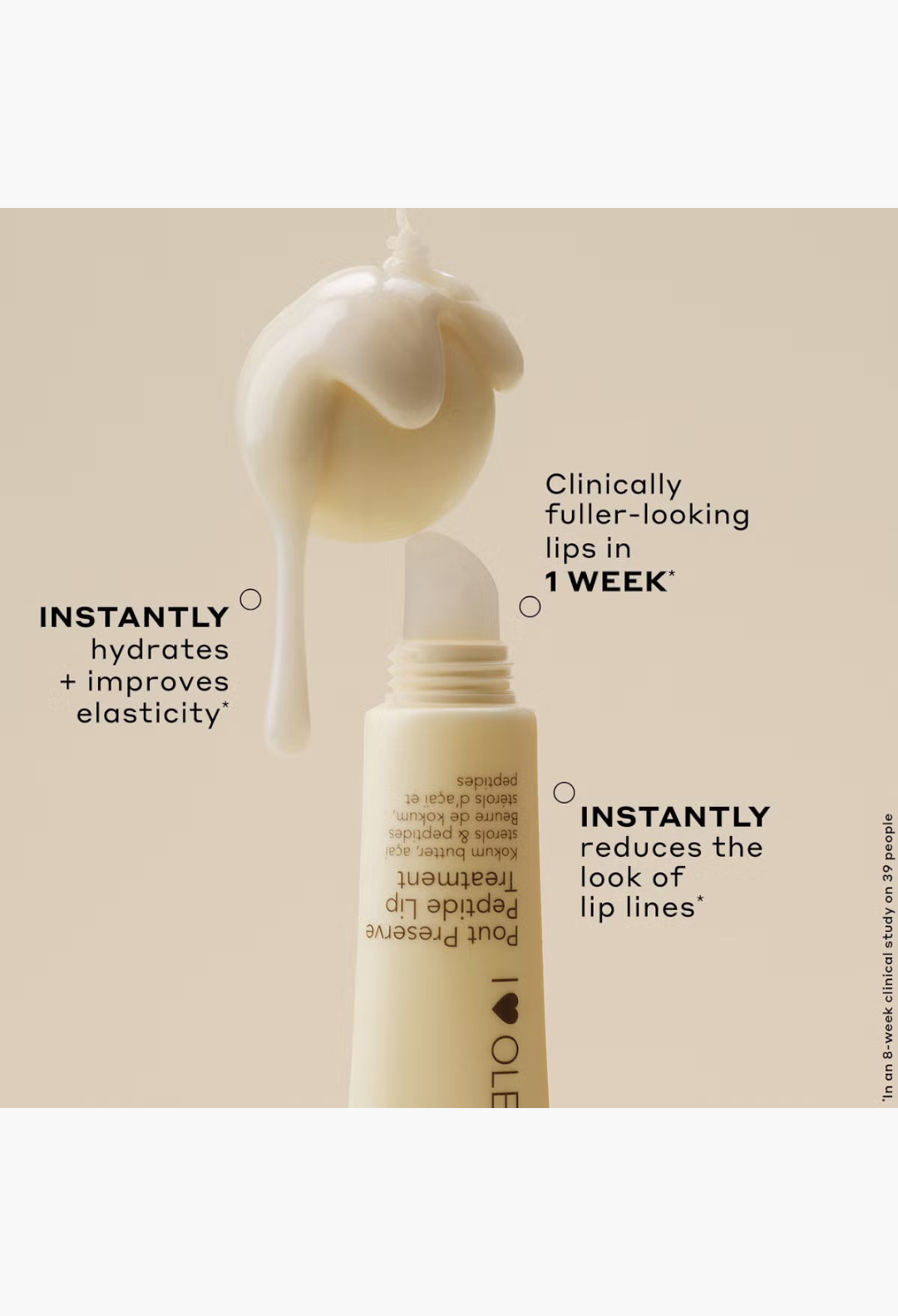 GLAM MODA Ole Henriksen Pout Preserve Peptide Lip Treatment tube with a creamy, hydrating balm texture dripping down.