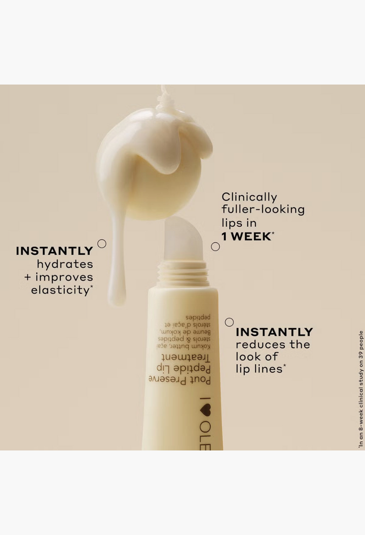 GLAM MODA Ole Henriksen Pout Preserve Peptide Lip Treatment tube with a creamy, hydrating balm texture dripping down.