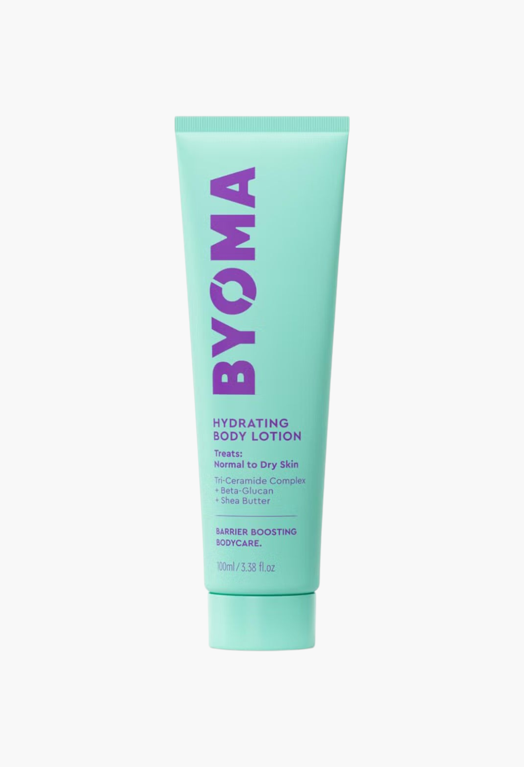 GLAM MODA BYOMA Hydrating Body Lotion in a light green squeeze tube with purple text for dry skin care.
