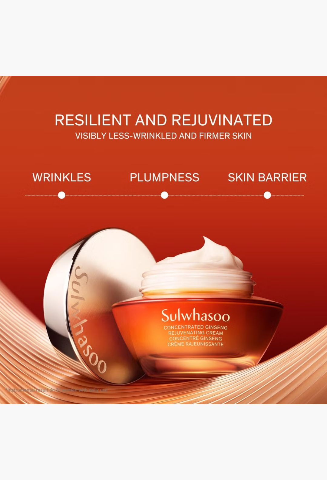 GLAM MODA Sulwhasoo Concentrated Ginseng Rejuvenating Cream in an orange jar with a metallic lid on a warm background.