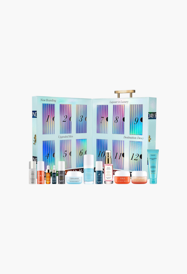 GLAM MODA Sunday Riley 12 Days of Sunday advent calendar featuring travel-sized skincare serums, creams, and oils.