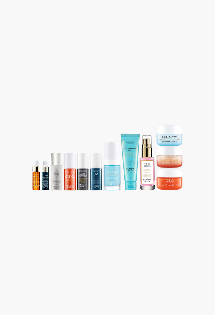 GLAM MODA Sunday Riley 12 Days of Sunday skincare advent calendar featuring travel-sized serums, creams, and oils.