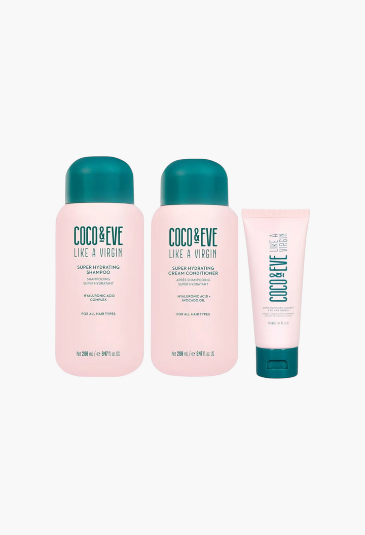 GLAM MODA Coco & Eve Like a Virgin hair care set with hydrating shampoo, cream conditioner, and travel hair mask.