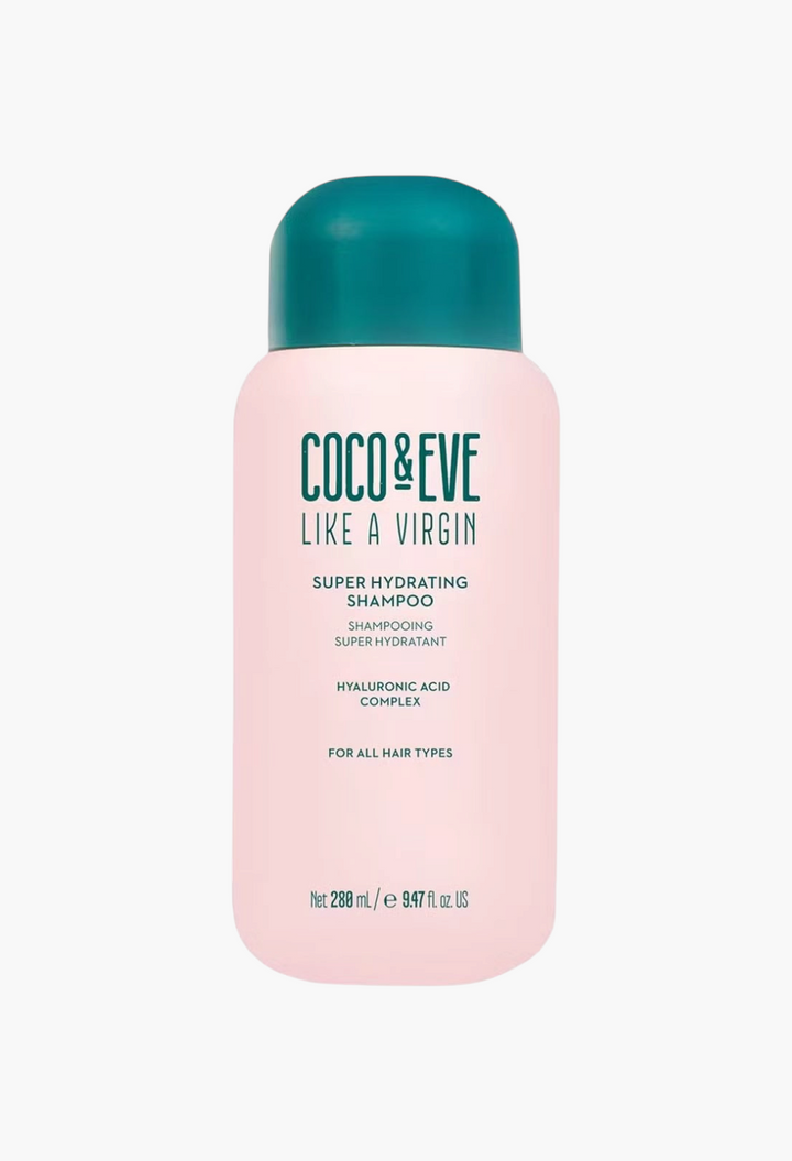 GLAM MODA Coco & Eve Like a Virgin Super Hydrating Shampoo in a light pink bottle with a dark teal cap.