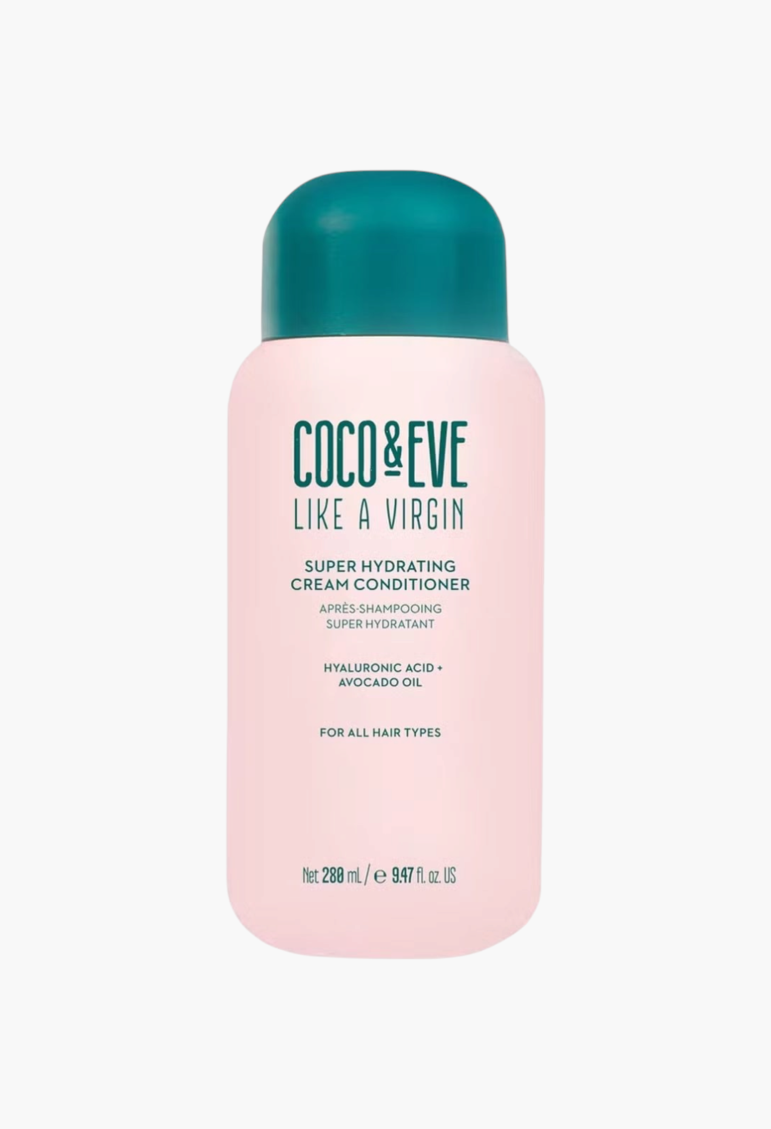 GLAM MODA Coco & Eve Like a Virgin Super Hydrating Cream Conditioner in a pink bottle with a dark green cap.