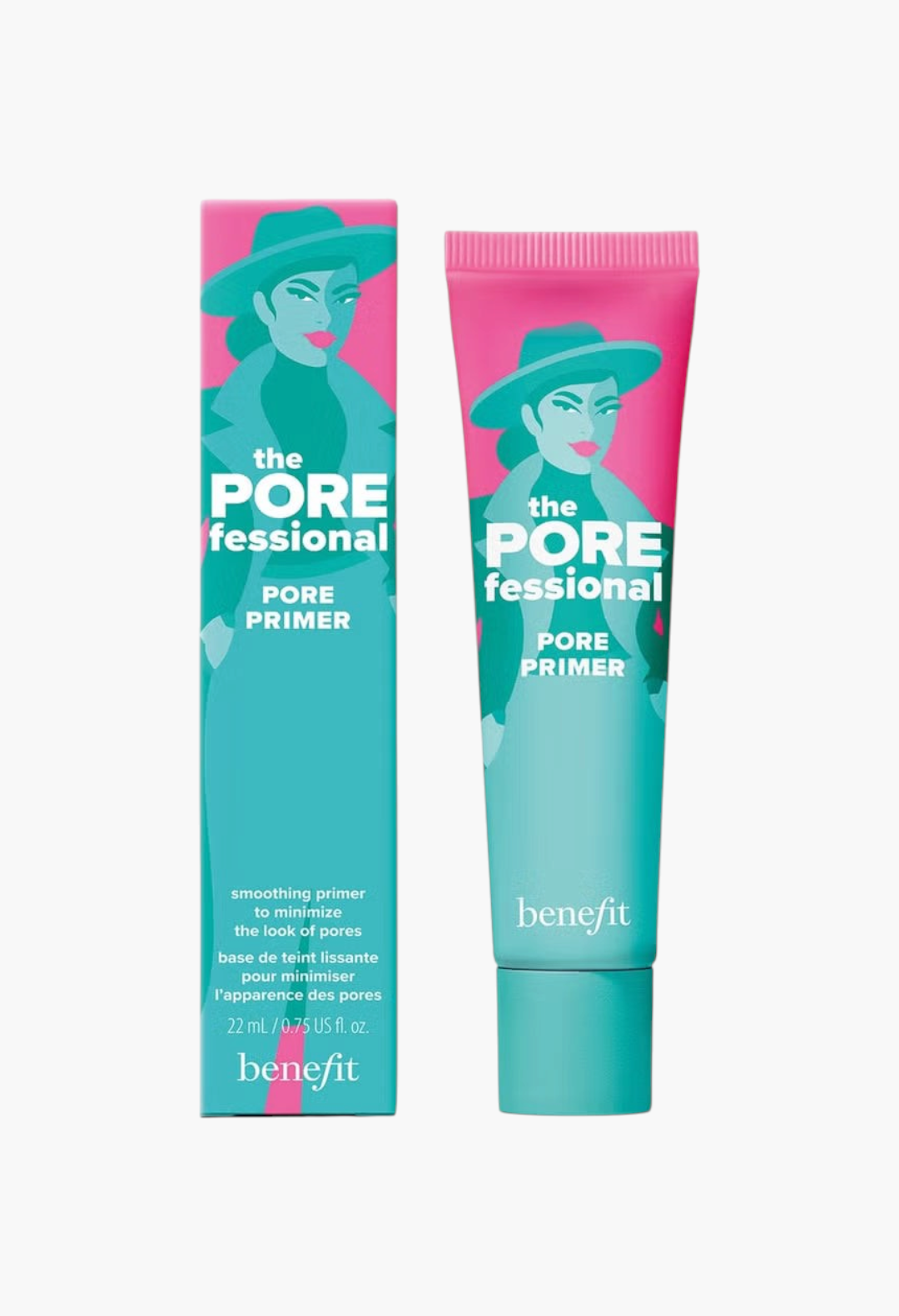 GLAM MODA Benefit The POREfessional face primer tube and box featuring teal and pink illustrated packaging design
